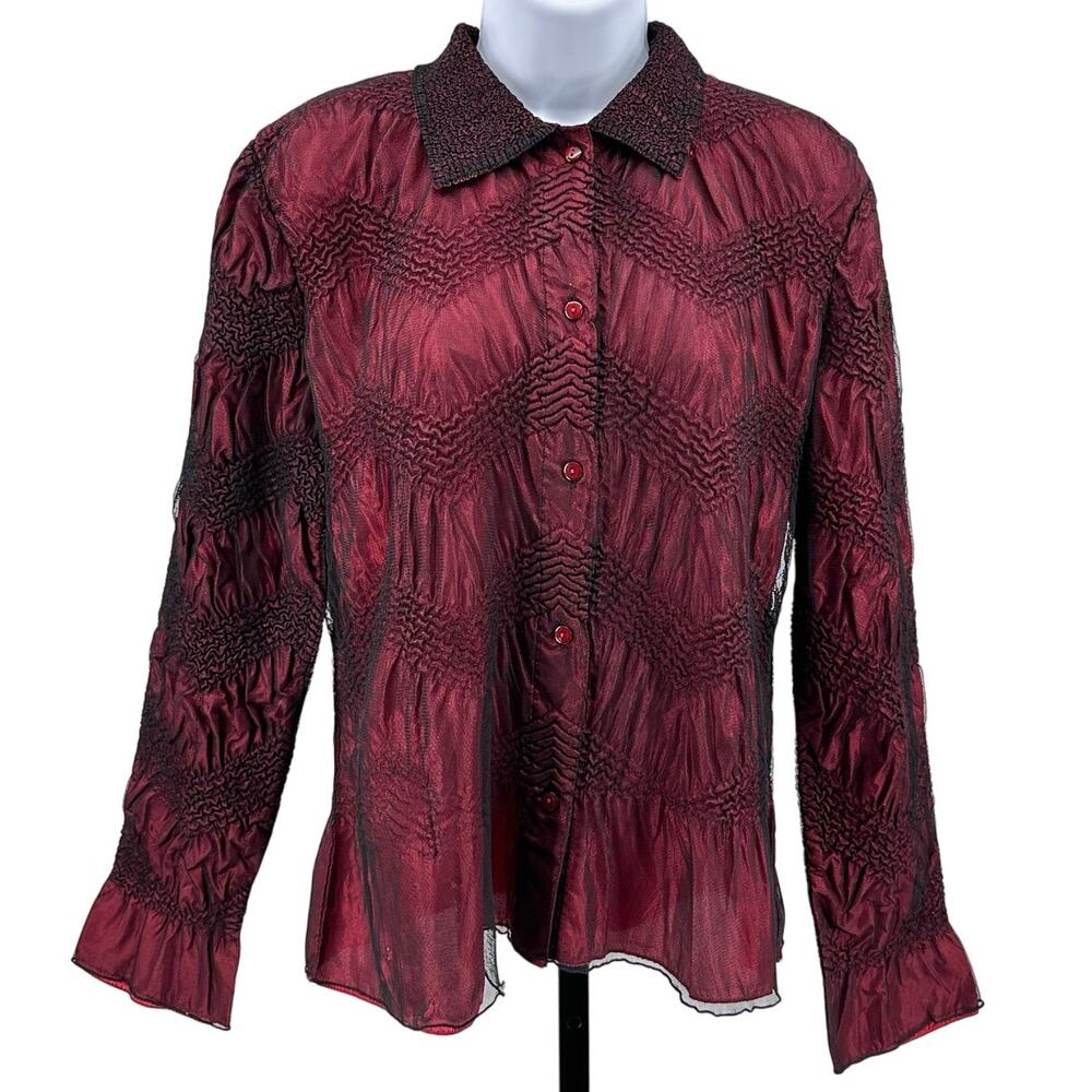 Coldwater Creek Blazer Wine Red Womens M Crinkled Mesh Button Up Collared Peplum